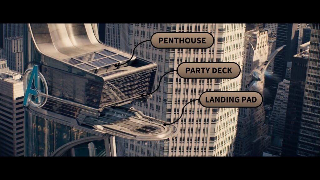 Avengers Tower landing pad, party deck, penthouse